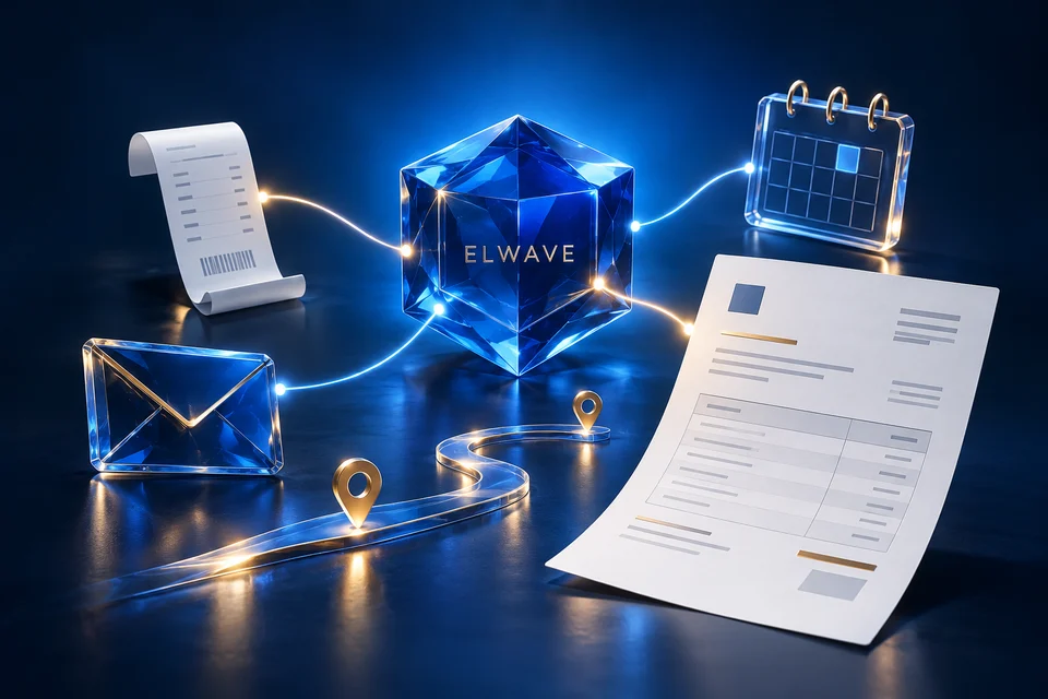 An ELWAVE glass core connecting documents, email, a calendar and business trips