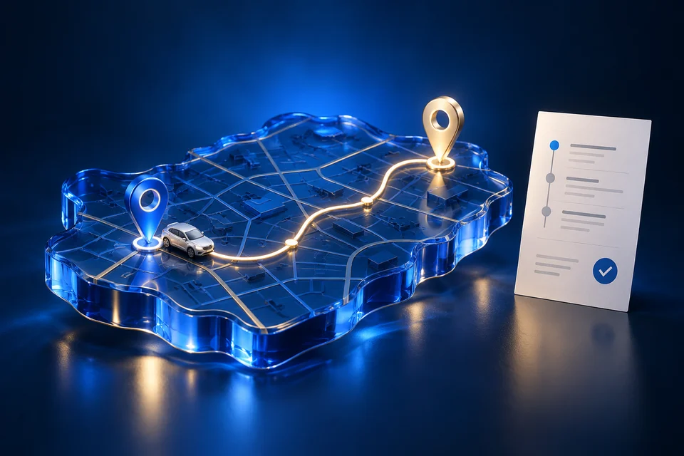 A business trip from a blue start marker to a gold destination