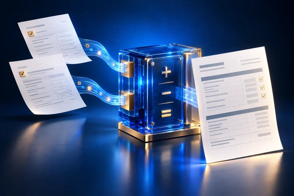 Invoice and expense records flowing into a VAT calculation and summary