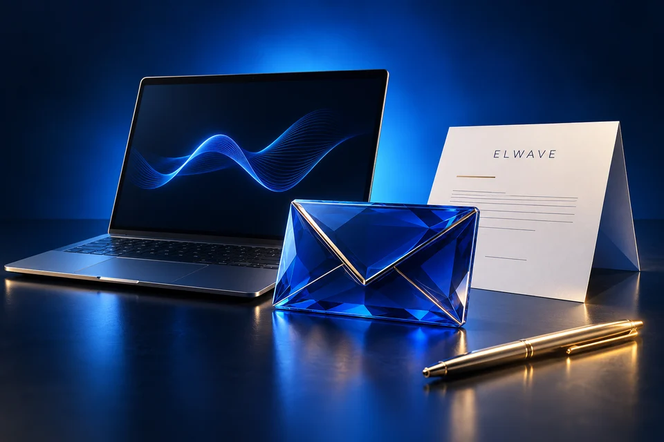 An ELWAVE desk with a laptop, blue glass envelope and note