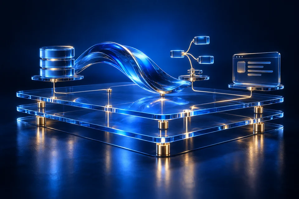 Layered blue glass foundations connecting data, workflows and a shared workspace