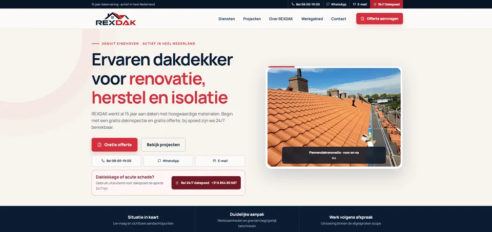 REXDAK custom website homepage with service information and enquiry actions